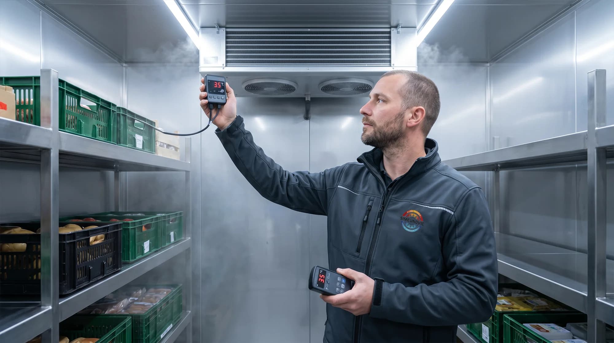 KTS-Klima-Techniker prüft die Temperatur in einem gewerblichen Kühlraum für Lebensmittel