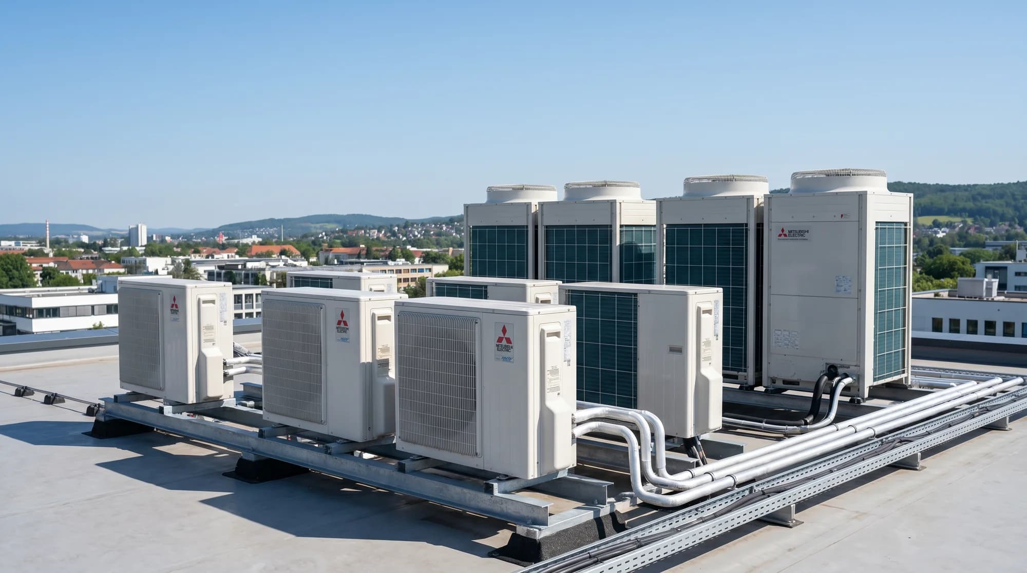 Gewerbliche VRF-Klimaanlage von KTS Klima mit mehreren Außengeräten auf einem Flachdach - Wartung und 24/7-Notdienst