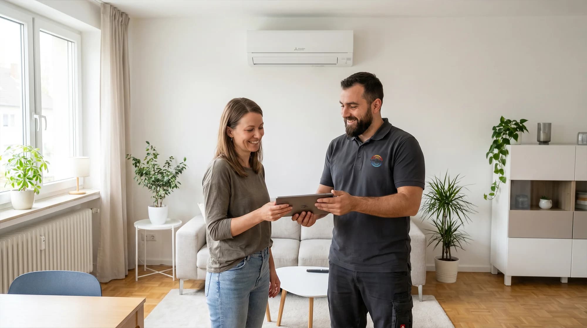 KTS-Klima-Monteur berät eine Kundin im Wohnzimmer zur Split-Klimaanlage in der Metropolregion Rhein-Neckar