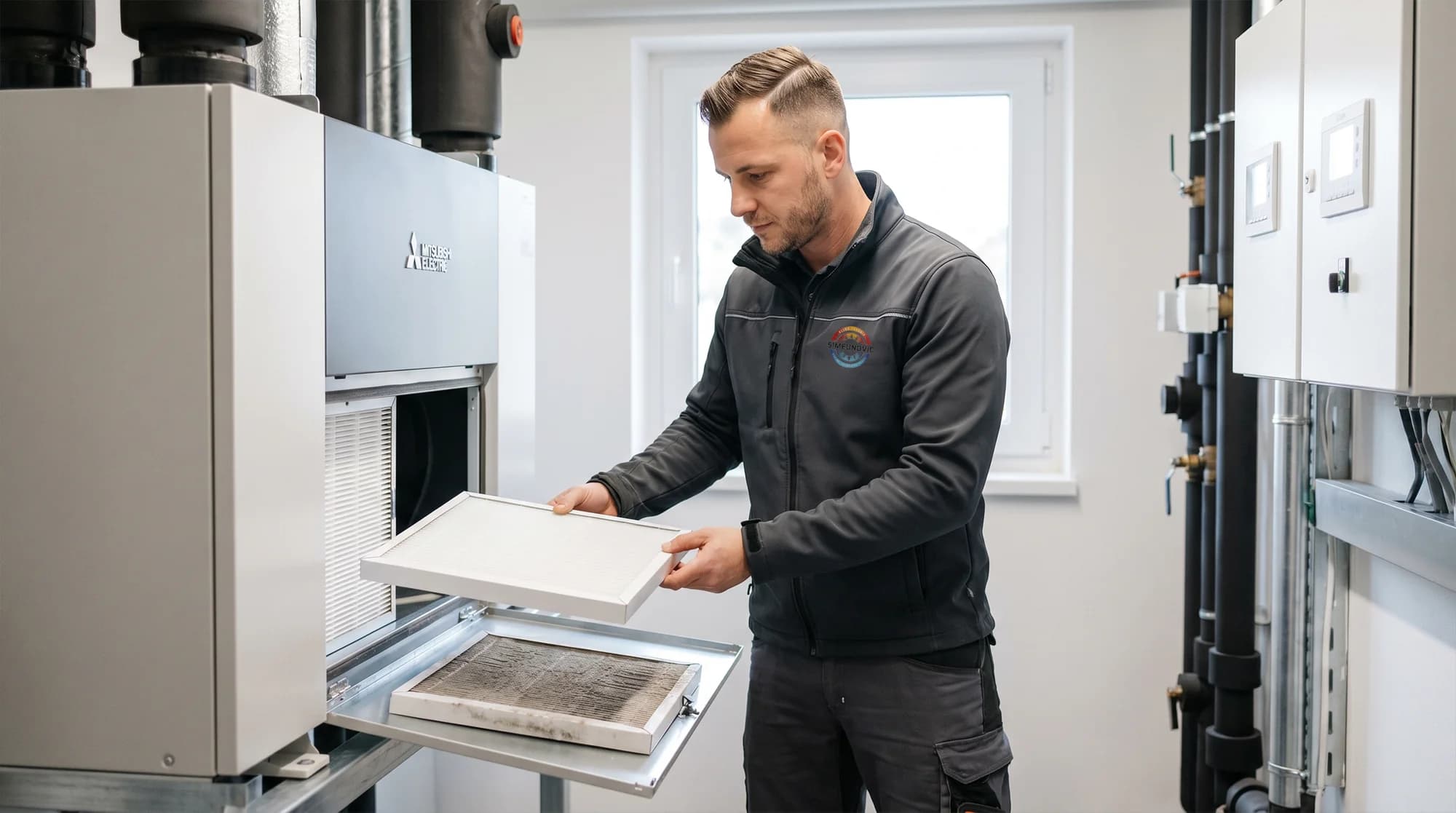 KTS-Klima-Techniker wechselt den Filter einer Lüftungsanlage mit Wärmerückgewinnung