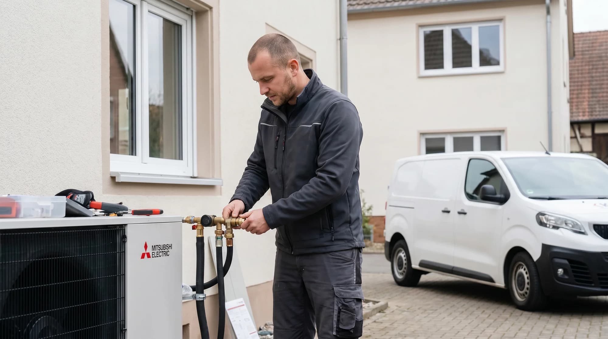 KTS-Klima-Monteur bei Wartung und Reparatur an der Außeneinheit einer Klimaanlage am Wohnhaus